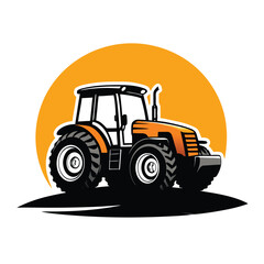 Orange farm tractor stands proudly before a sun on a white canvas highlighting agriculture