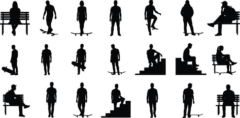 Silhouettes of people sitting on benches, skateboarding, walking, urban lifestyle, street culture, youth activity, leisure time, outdoor recreation, vector illustration