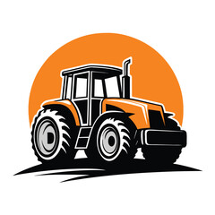 Front facing orange tractor with large tires against orange circle looks strong