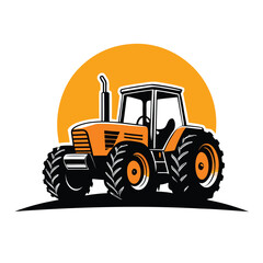 Stylish orange farm tractor stands boldly against a vibrant sunset backdrop, isolated cleanly