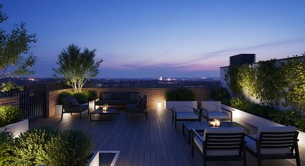 Luxurious Rooftop Terrace with Modern Furniture at Dusk.