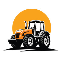 Orange tractor with black and white detailing appears before a large yellow circle backdrop