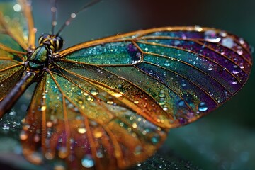 Close-up colorful butterfly wings glow bright over dewy petals moss and sparkling droplets.