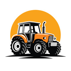 Powerful orange tractor stands boldly against a contrasting yellow sun, symbolizing agricultural strength and precision