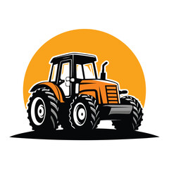 An orange and black tractor is displayed with a matching circular backdrop perfectly