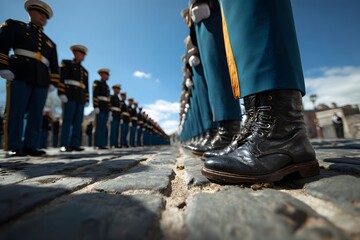 Salute rings out as uniformed soldiers stand steady on bright parade ground beneath blue sky
