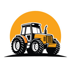Bold cartoon yellow tractor appears over a black ground and orange backdrop