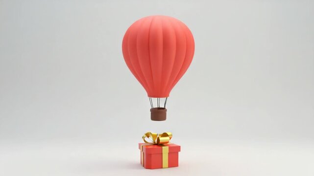 Loop animation of hot air balloon and gift box, 3d rendering.