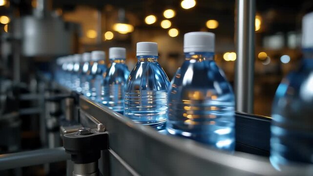 Plastic water bottles with blue liquid aligned on conveyor belt in automated factory, symbolizing beverage packaging, hydration, and modern production.