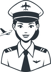 Confident pilot poses wearing uniform and hat with an airplane displayed beside her
