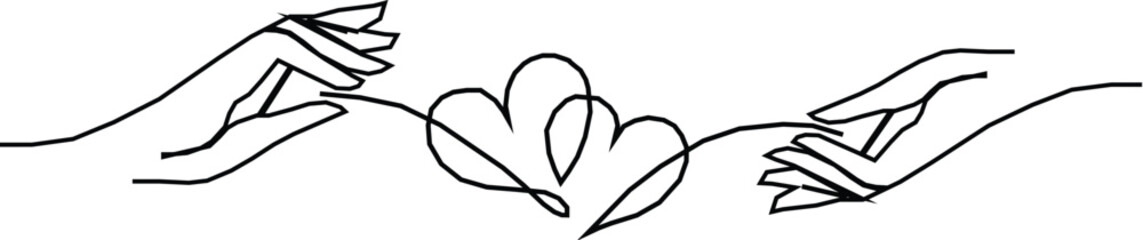 Minimalist line art illustration of two hands holding a heart symbol, designed in a simple and elegant style.