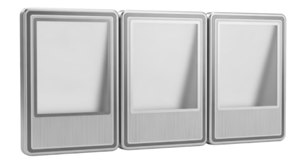 Three sleek, modern instant camera-style photo frames, brushed aluminum, metallic silver borders, frosted acrylic, stacked geometrically on a transparent background, concept of modern technological