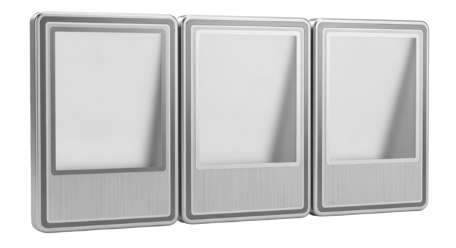 Three sleek, modern instant camera-style photo frames, brushed aluminum, metallic silver borders, frosted acrylic, stacked geometrically on a transparent background, concept of modern technological