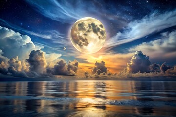 Obraz premium Serene Nightscape Featuring a Large Moon Reflecting on Calm Waters with Dramatic Clouds and Starry Sky Creating a Dreamlike Atmosphere