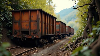 Fototapeta premium Abandoned houses,overgrown ruins,rusted machinery reclaimed by nature