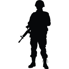 Soldier's silhouette displays a rifle and helmet in a standing posture, casting a shadow