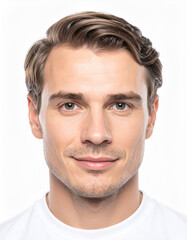 Obraz premium Portrait of Smiling Man in White T Shirt against a Clean White Background in a Studio