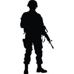 Soldier silhouette stands armed with an assault rifle wearing combat helmet and military gear