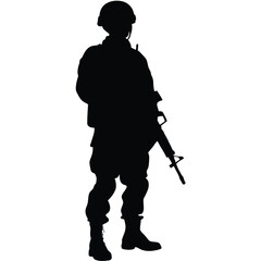 Black silhouette reveals soldier holding assault rifle standing guard, wearing uniform and helmet ready for battle