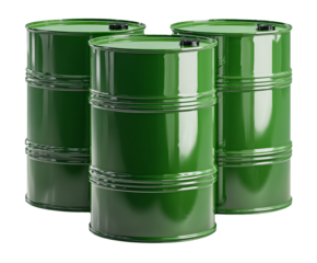 Three green metal barrels or drums isolated on transparent background