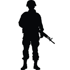 Silhouette shows a soldier holding a rifle while standing confidently in his combat gear