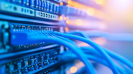 Colorful network cables connecting to server ports in a data center at twilight