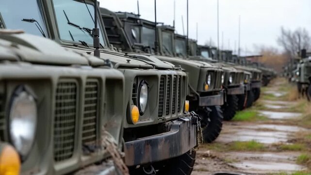 Military vehicles lined up in a storage facility during overcast weather conditions in the early afternoon