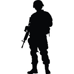Soldier stands in silhouette, holding assault rifle and wearing military gear in strong light