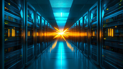 Data center with glowing servers illuminating the corridor at sunset