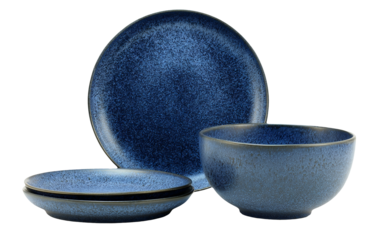 Elegant blue ceramic dinnerware set isolated on transparent background, perfect for dining