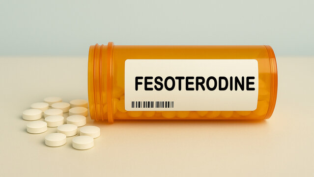 Box of FESOTERODINE tablets on a hospital pharmacy table used to treat overactive bladder an antimuscarinic.