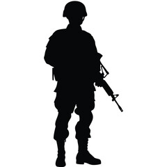 Silhouette displays armed soldier in combat gear standing firmly and ready for action