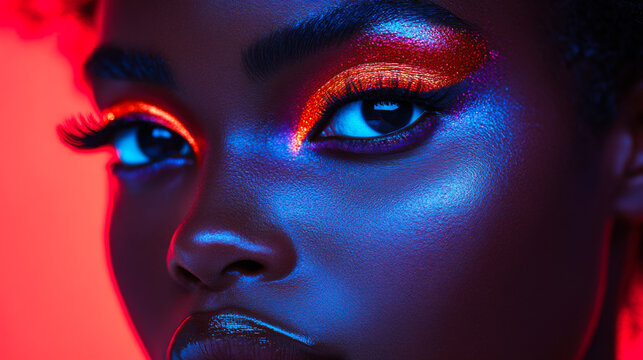 Vibrant makeup artistry showcases vivid colors and glowing skin in a striking portrait during a creative beauty session