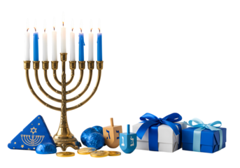 Hanukkah Celebration Menorah Gifts and Dreidels isolated on transparent background