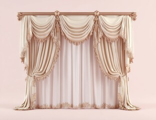 Elegant, cream-colored curtains with ornate valance, tassels, and a decorative cornice, draped against a pale pink background