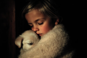 peaceful night where little girl gently sleeps in warmth of her puppy embodying trust and comfort