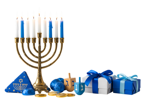 Hanukkah Celebration Menorah Gifts and Dreidels isolated on transparent background