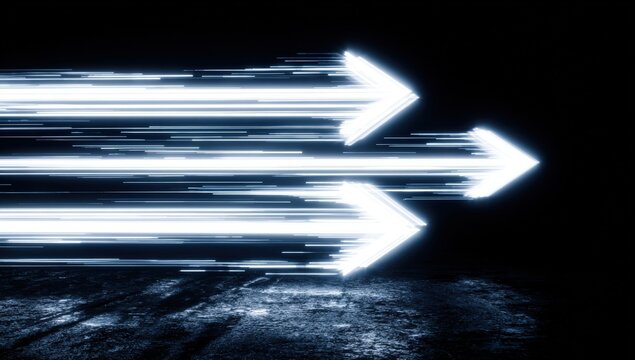 Glowing arrows in motion on dark floor