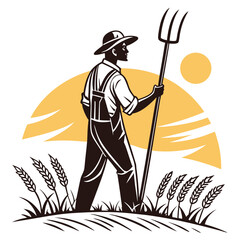 Silhouette depicts a farmer holding a pitchfork standing proudly amid wheat fields at sunrise