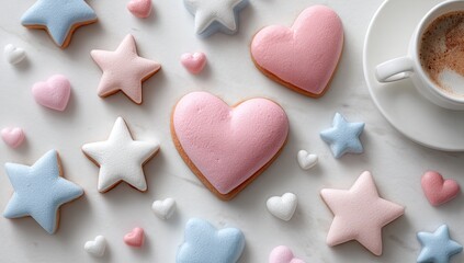 Fototapeta premium Pastel-colored heart and star cookies on a white surface, with a coffee cup