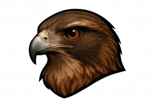 Golden eagle profile revealing intricate plumage, piercing amber eye, showcasing regal predatory essence against clean transparent backdrop