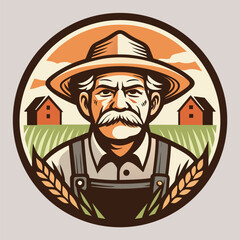 Older farmer with wheat and a farm backdrop smiles confidently in round frame