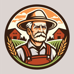 Old farmer wearing overalls stands before farm buildings and wheat stalks emblem