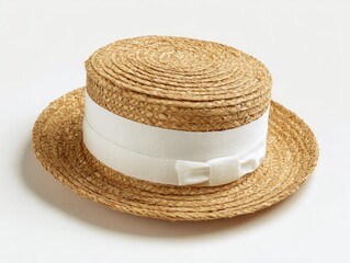 A light brown straw boater hat with a wide white ribbon and bow, photographed against a white background