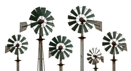Vintage agricultural wind pumps, rusted steel towers, weathered dark green blades, transparent studio, high-key light, concept of enduring utility and historical engineering