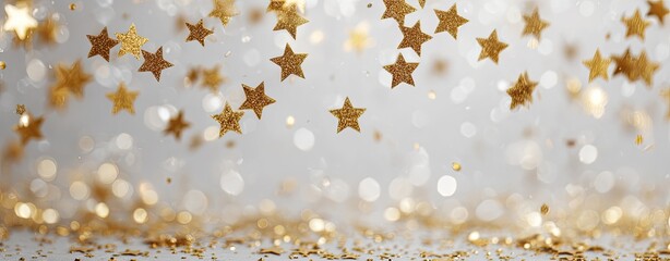 Falling gold stars on a shimmering, light grey background with bokeh effects and glitter
