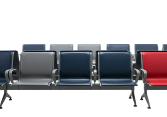 Row of Modern Airport Waiting Room Chairs in Various Colors Blue Gray Red isolated on transparent background