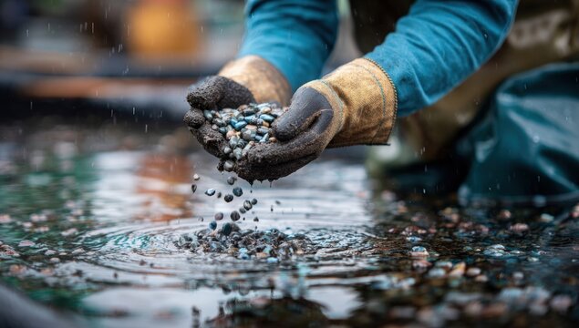 Person's hands holding small stones over a water surface