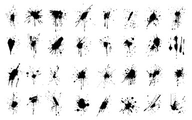 Black ink blots with drops. Different handdrawn spray design elements. Paint ink splatter, stains set. Splash of paints with drops.