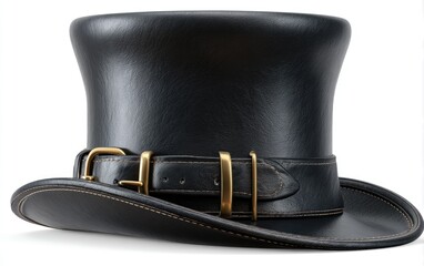 A black leather top hat with a brass buckle and stitched brim, isolated on a white background